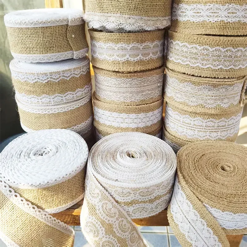 

1-10 метров натуральная джутовая лента из мешковины с белой кружевной отделкой, льняная кружевная лента ручной работы для DIY, свадебный домашний декор, подарочная упаковка