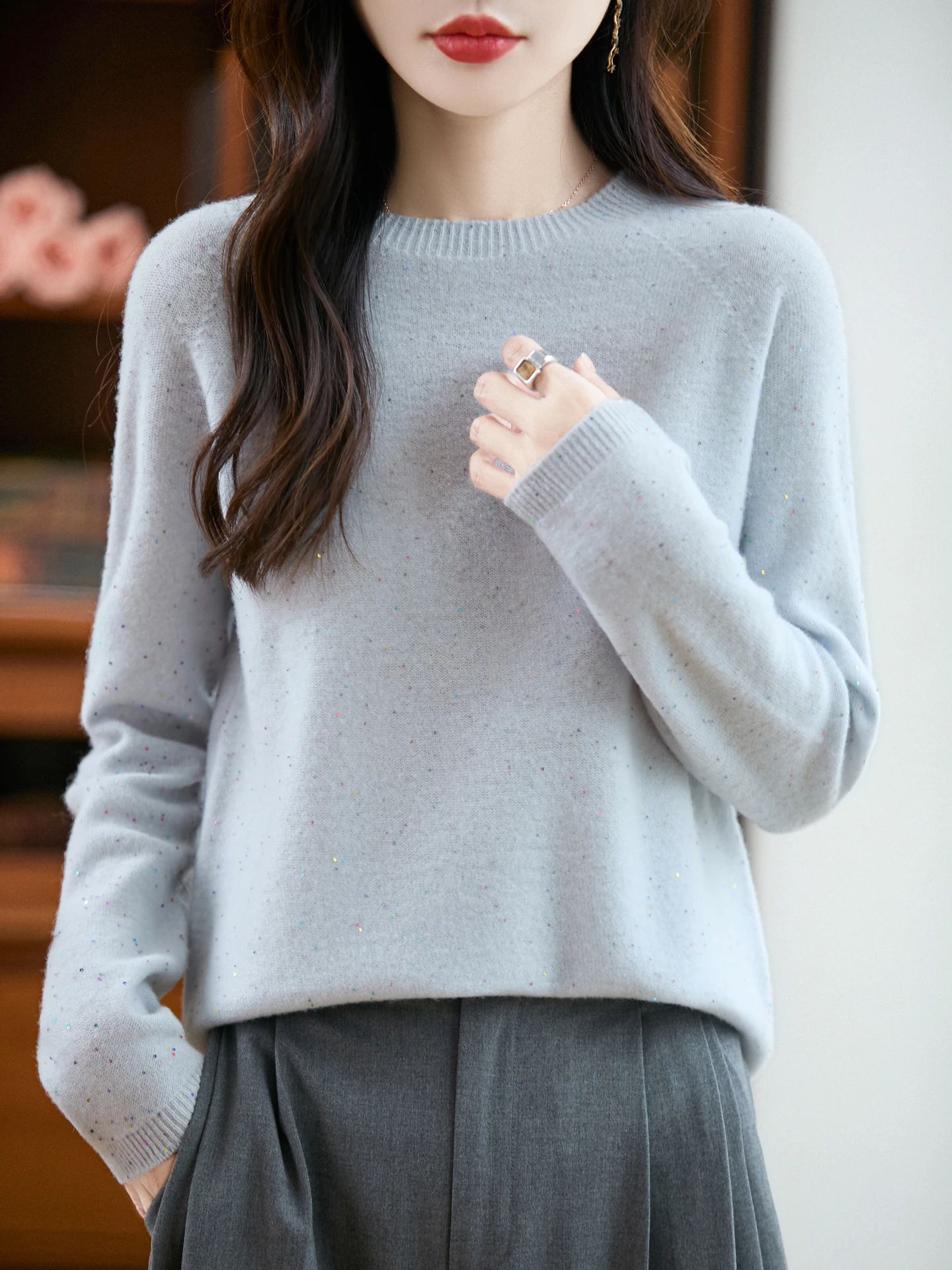 

TLOML Chic Women's 100% Merino Wool Thick O-neck Glitter Pullover Solid Sweater Cashmere Knitwear Autumn Winter Soft Warm Tops
