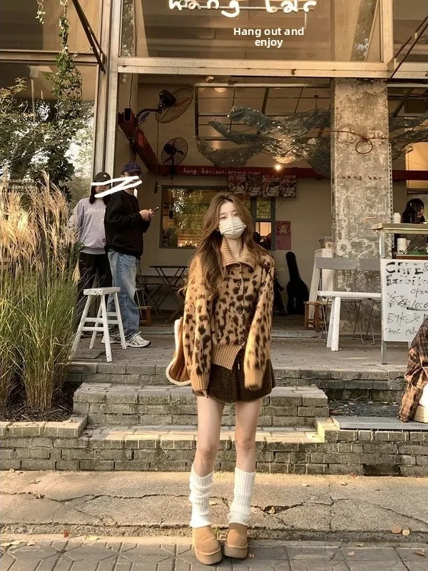 

Женский свободный вязаный свитер-кардиган с леопардовым принтом, новинка зимы 2025, в корейском стиле, свободный крой, повседневный топ