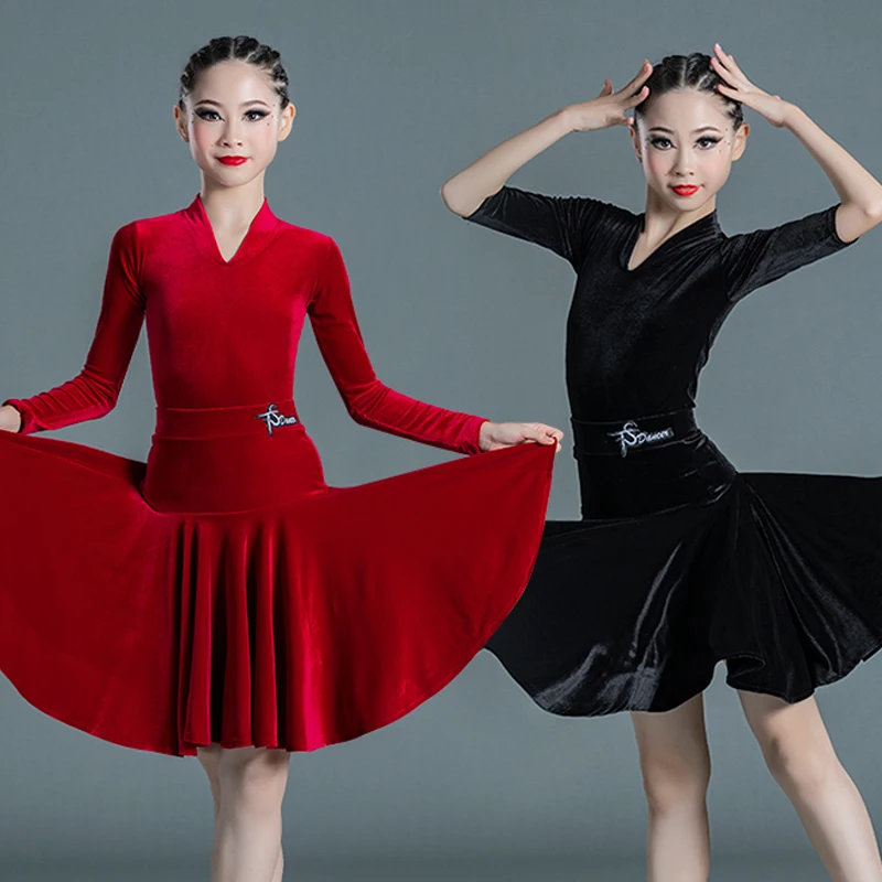 

2024 New Latin Dance Practice Clothes For Girls Long Sleeved Skirts Suit Samba Chacha Tango Dress Children Latin Dress DN17128