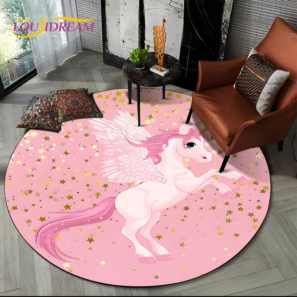 3D Cartoon Unicorn Animal Round Area Rug,Circle Carpet Rug for Living Room Children's Bedroom Sofa Decor,Kid Non-slip Floor Mat