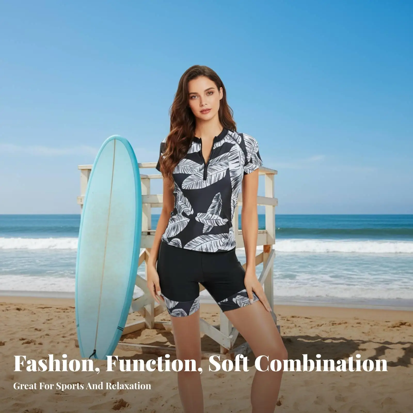 Short Sleeve Surf Suit Sun Protection Zip Front Surfing Swimsuit Block Material Zipper Front Swim Shirt and Shorts for Women,