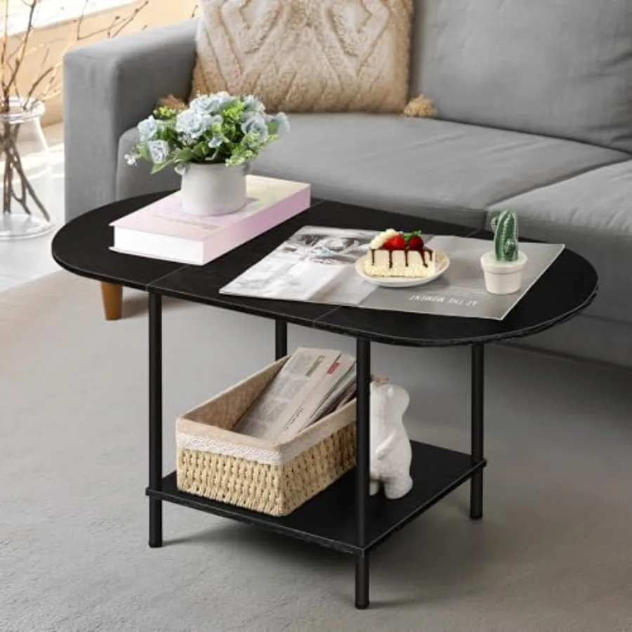 

Coffee Table for Living Room, 2-Tier Small Oval Center Table, Mid Century Farmhouse Round Tea Table with Storage Shelf for Smal