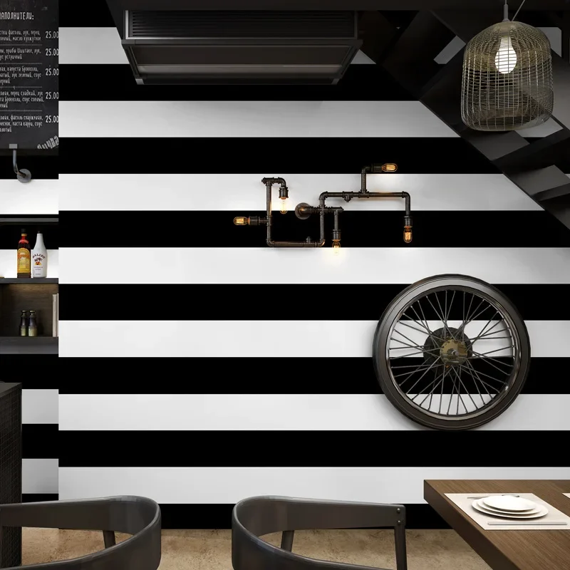 Black and white horizontal and vertical stripes wallpaper modern minimalist living room bedroom coffee restaurant clothing store