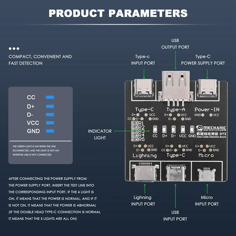 DT3 Data Cable Detection Board USB Cable Tester For IOS Android Type-C Short Circuit On-Off Switching Test Board Tool