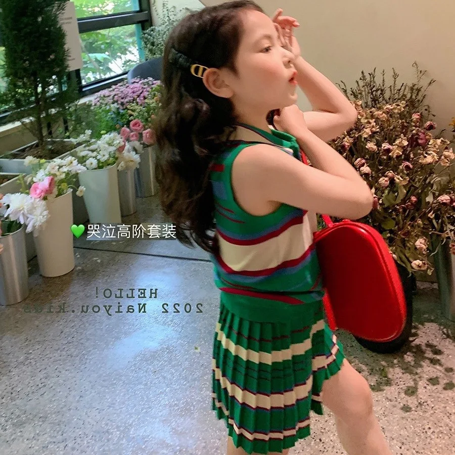 Summer New Girl's Thin Pleated Skirt Set Summer New Color Blocked Tank Top Half Skirt Baby Two Pieces Sleeveless Knitted Vest