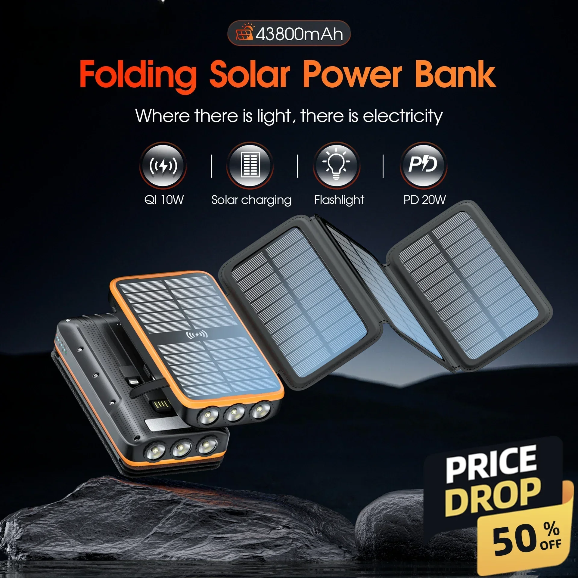 43800mAh Solar Power Bank Wireless Charger Outdoor portable external battery PD 20W Fast Charging built in 4 cable