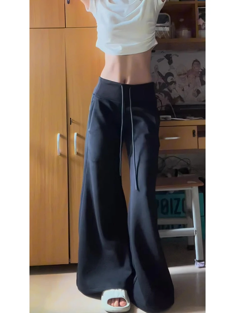 

Black Elastic Waist Wide Leg Casual Sweatpants Women's Spring Autumn Lazy Loose Drapey Loose Floor-Length Pants