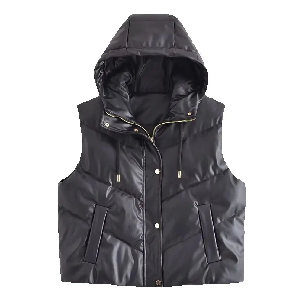 

Женский свободный топ из искусственной кожи с капюшоном без рукавов на шнуровке и пуговицах с карманом на молнии, новый модный жилет на осень и зиму