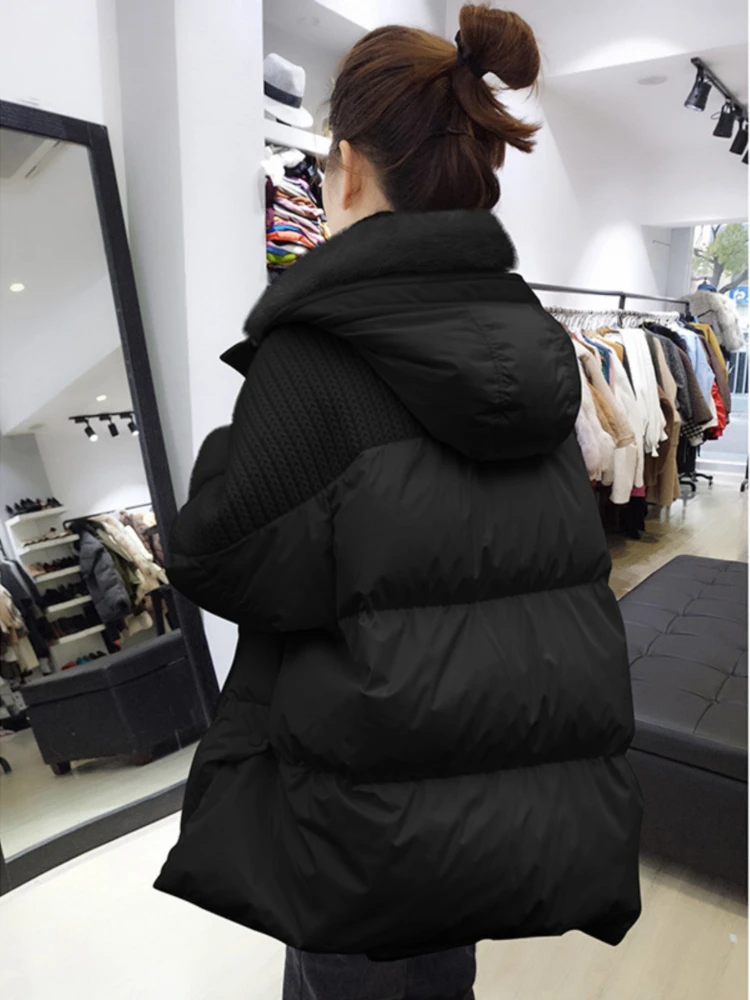 2024 Winter Women Coat  Fashion Knitted Splicing Mink Hair Down Jacket White Duck Down Thicker Warm Hooded Loose Overcoat