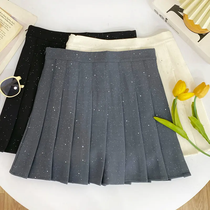 Women's Apricot Mini Pleated Skirt Vintage 2000s Preppy Style High Waist Sequins Skirts Harajuku Korean Style Y2k Skirt Summer