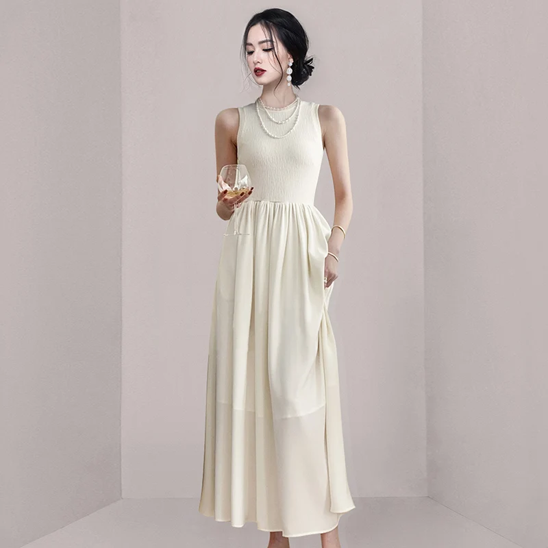 Korean Fashion Women Summer Casual Temperament Sleeveless Bodycon O Neck A Line Holiday Leaky Back Maxi Dress