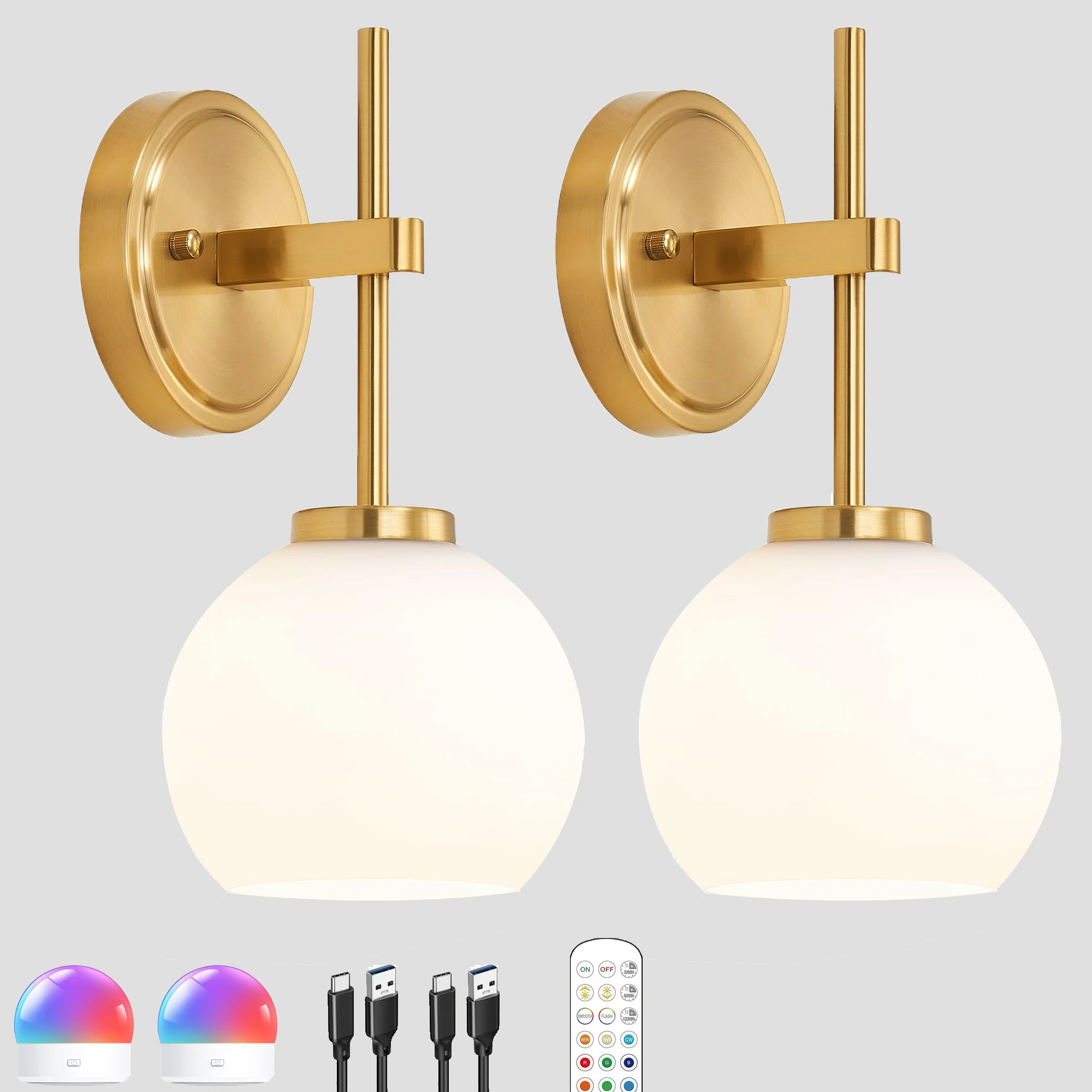 

Gold Wireless Rechargeable Wall Sconces with Remote Control, RGB Battery Operated Wall Sconce Set of 2, LED Dimmable Wall Lights