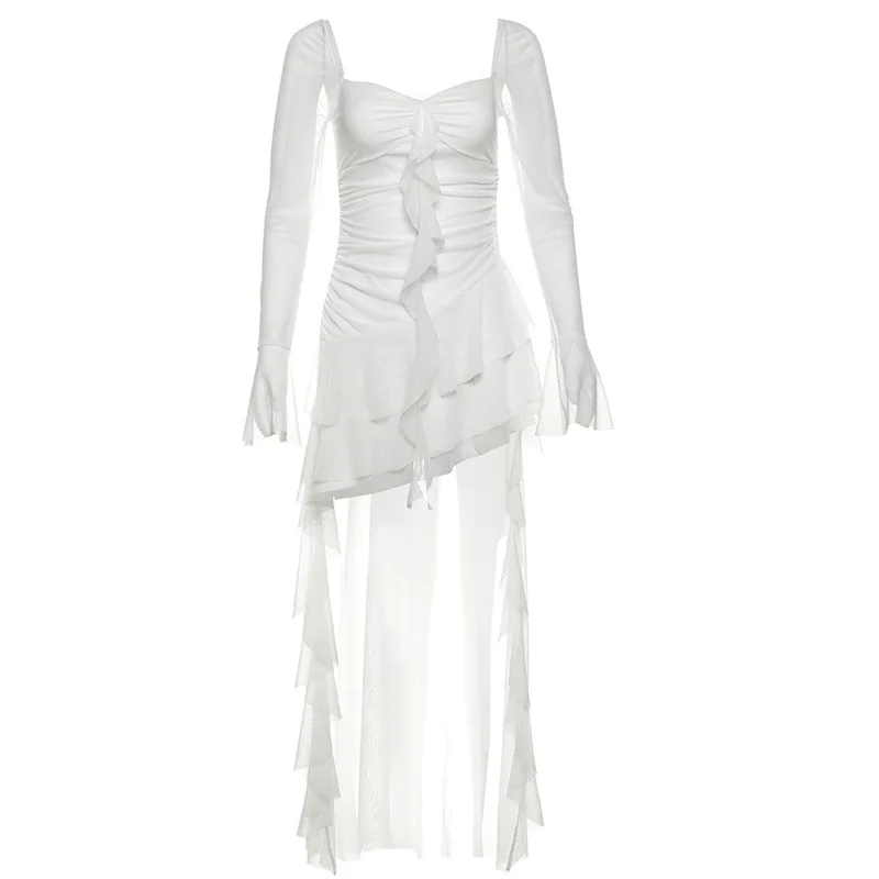 Europejska i amerykańska jesienna nowość: damska sukienka z wysokim stanem, modna, z kwadratowym dekoltem, długim rękawem i prześwitującym materiałem.