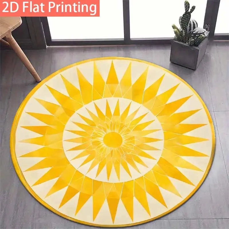 Minimalist Yellow White Sun Ray Printed Round Carpet Modern Bohemian Style Anti-slip Rug for Entryway Bedroom Lounge Floor Decor