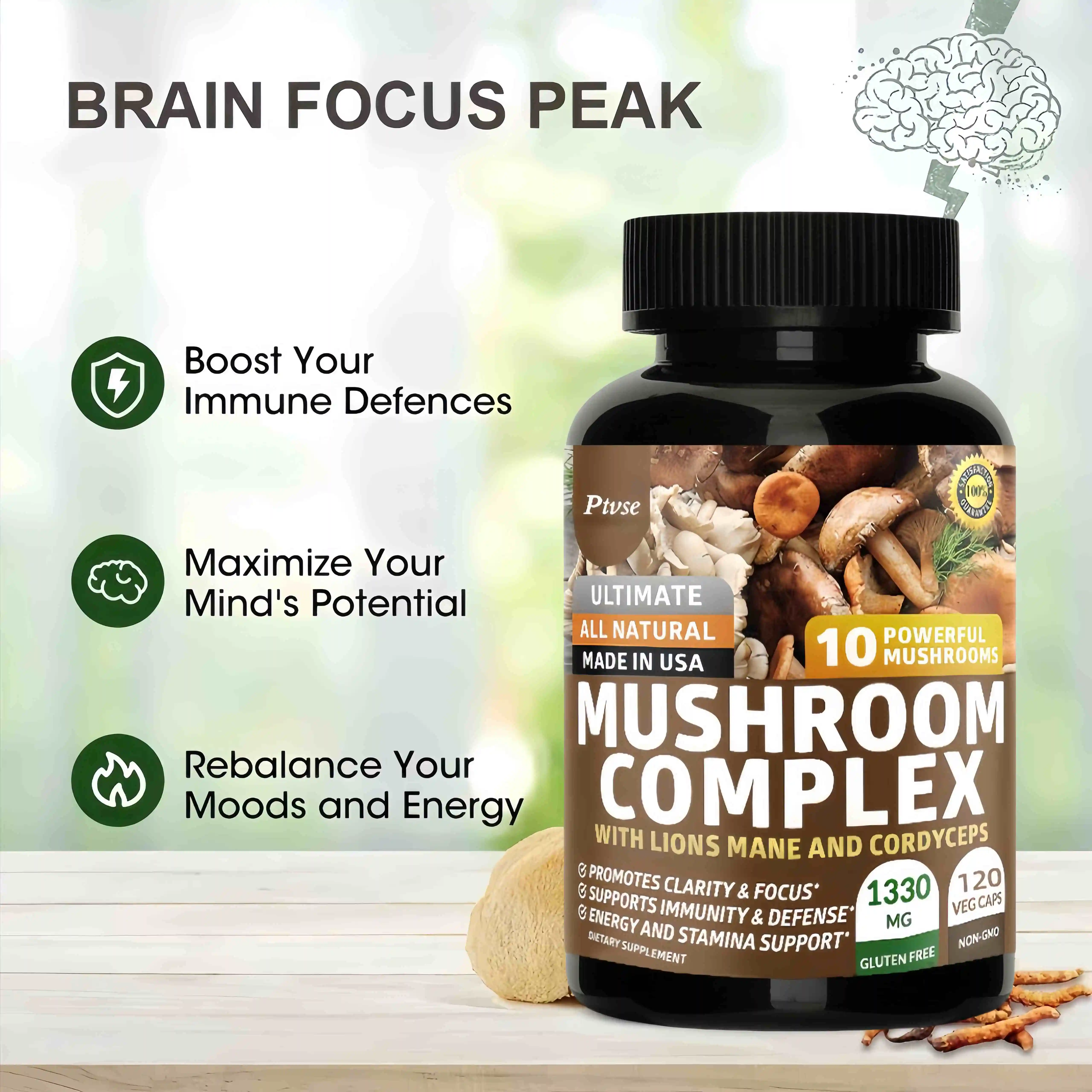 Original Mushroom Complex Capsules with Lions Mane Chaga Cognitive Brain Function Stress Relieves Beauty Health Diet Supplement