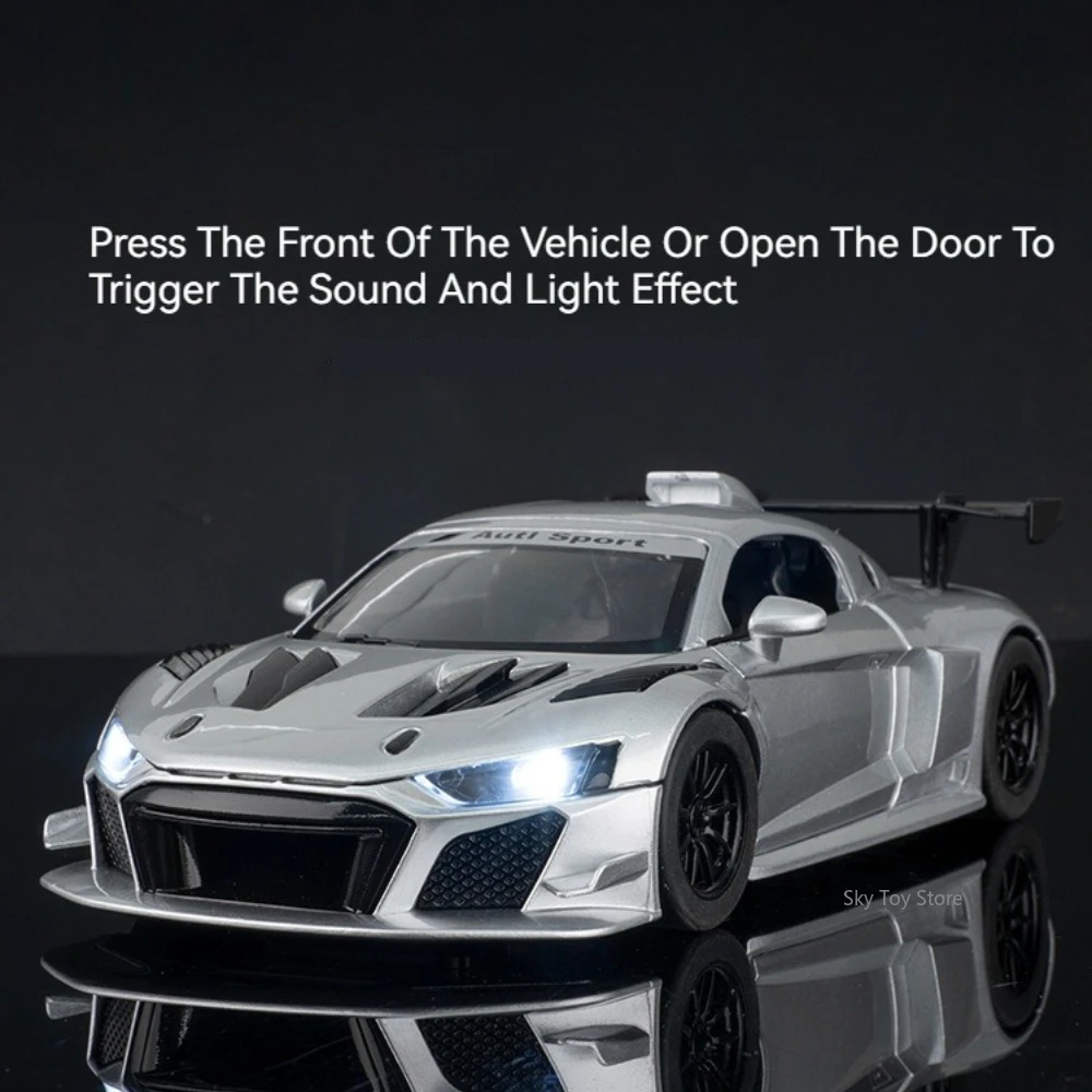 1:24 R8 LMS GT2 aleación fundida P1 modelos en miniatura juguetes coche sonido luz tirar hacia atrás puertas persianas abiertas para niños regalo de cumpleaños