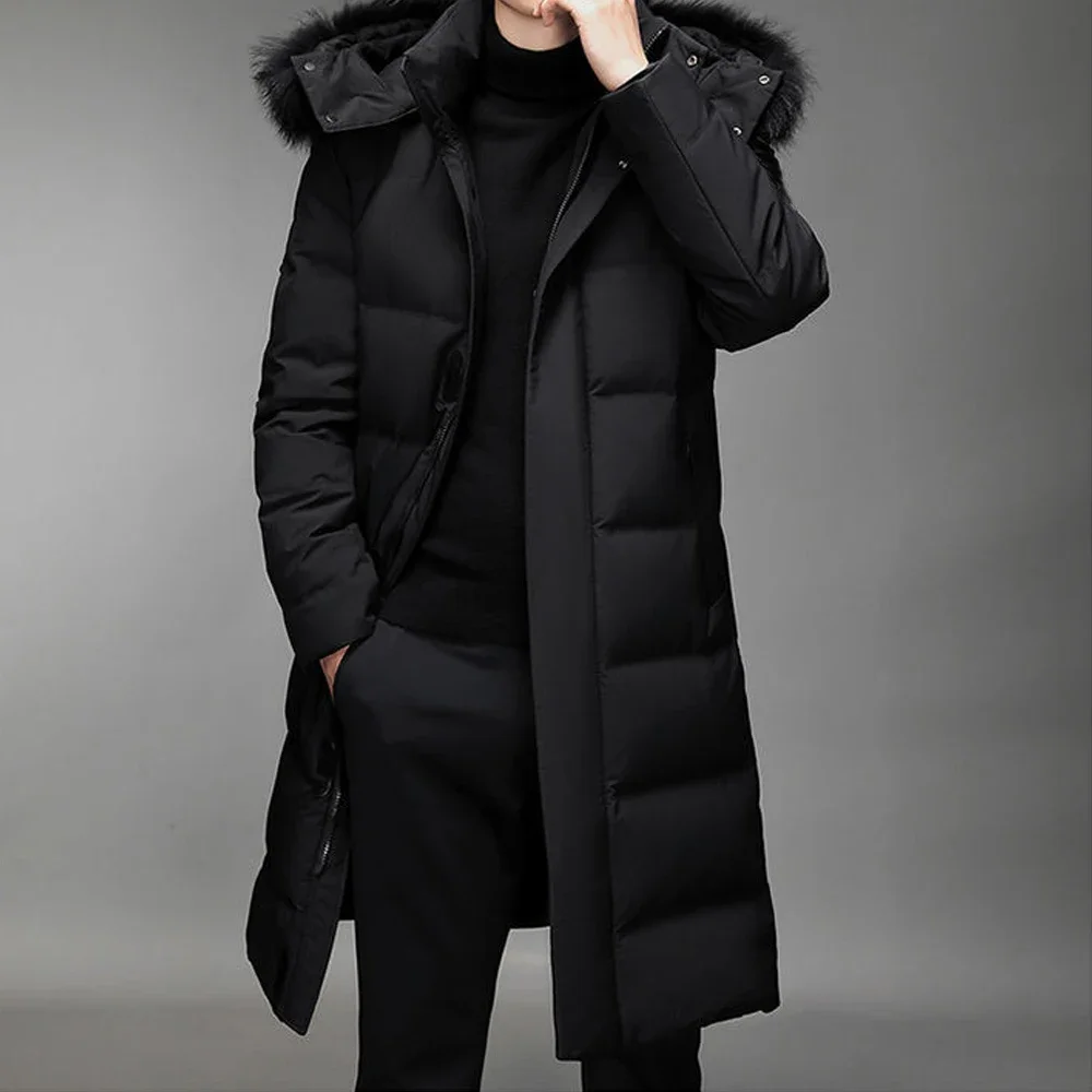 Fashion Men\'s Winter Long Down Coat Fur Hooded Windproof Warm Thick Jacket