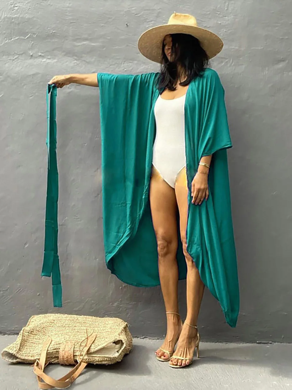 Blue Women Bikini Cover-ups Kimono Cape  Sexy Tunic Pareo Beach Woman Clothing  2023 Summer Bathing Suit Cover Up Robe