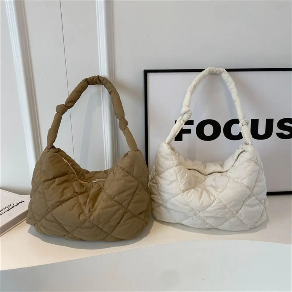 Casual Fashion Solid Color Shoulder Bags Large Capacity Down Cotton Padded Quilted Tote Bag Shopping Bag Women Girls