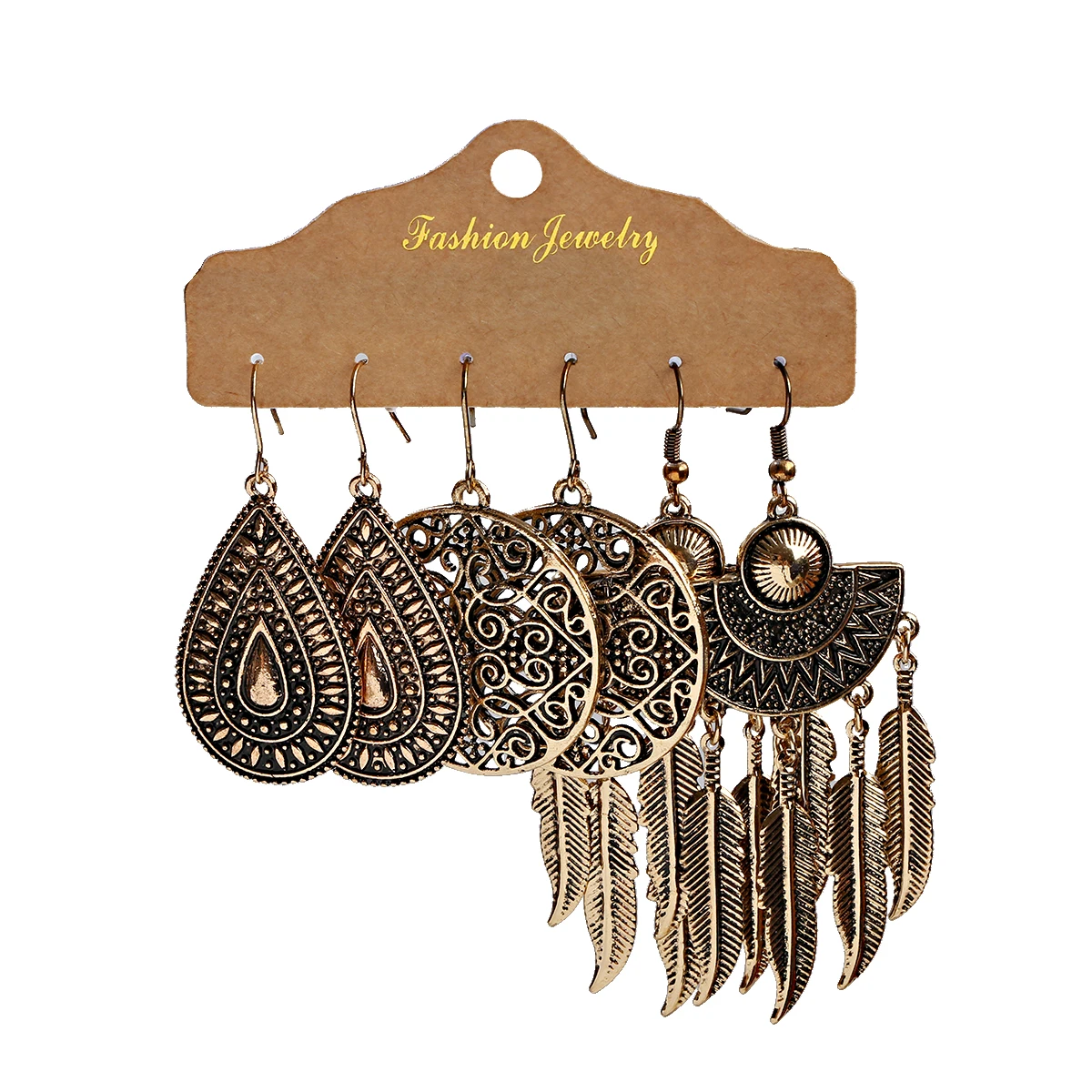 Vintage Bohemian Style Ethnic Earrings Antique Bronze Geometric Pattern Engraved Earrings 3-Piece Set 2020 Jewelry Gift