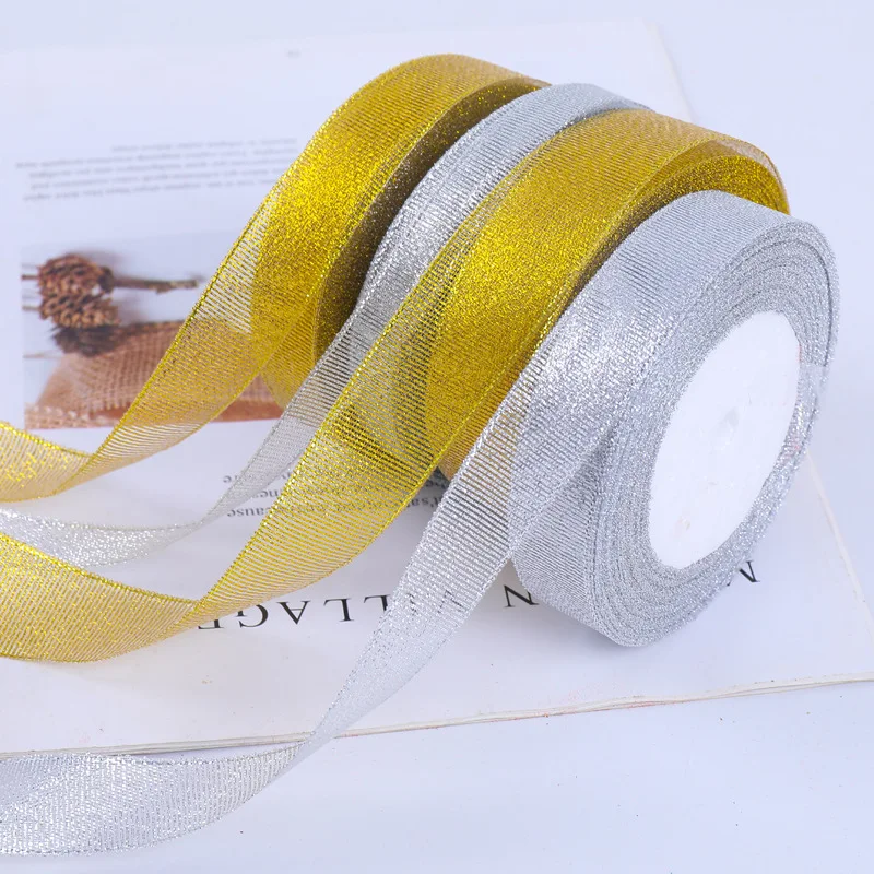 25 Yards/Lot 6mm-40mm Gold Silber Glitzerband für DIY Schleifen, Bastelarbeiten, Geschenkverpackungen, Hochzeits- und Weihnachtsdekoration, Nähzubehör – Detail 1
