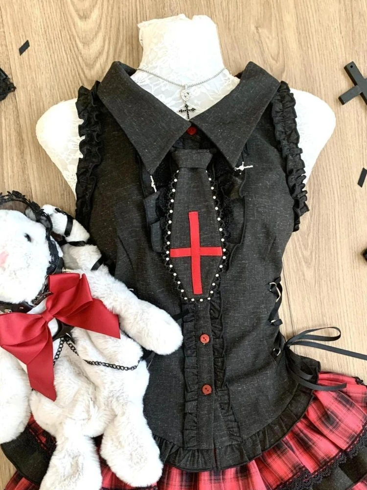 Japanese Dark Academia Gothic 2 Piece Set Women Slim Sleeveless Top + Plaid Cake Skirt New Vintage Fashion Sweet JK Outfit 2025 - Image 3