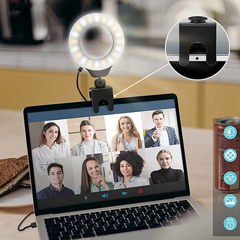 AB09-Adjustable LED Selfie Light Vedio Lamp With Clip On Laptop Computer For Live Streaming Self Broadcasting Conference Chat