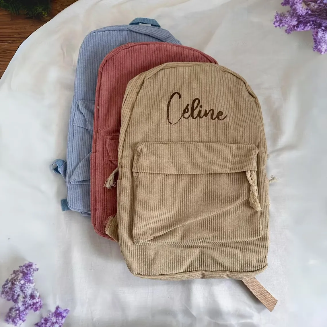 Kids School Bag, Personalized Toddler Backpack, Embroidered Name Child Book Bag, Corduroy Backpack for Birthday Gift, Diaper Bag