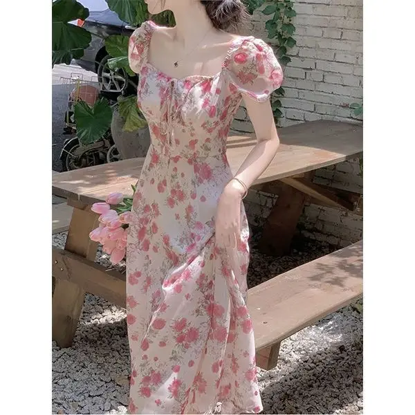 Robe de thé rose à fleurs, Chic, belle taille serrée, Slim, pour femmes, vacances à la plage, sensation haut de gamme française