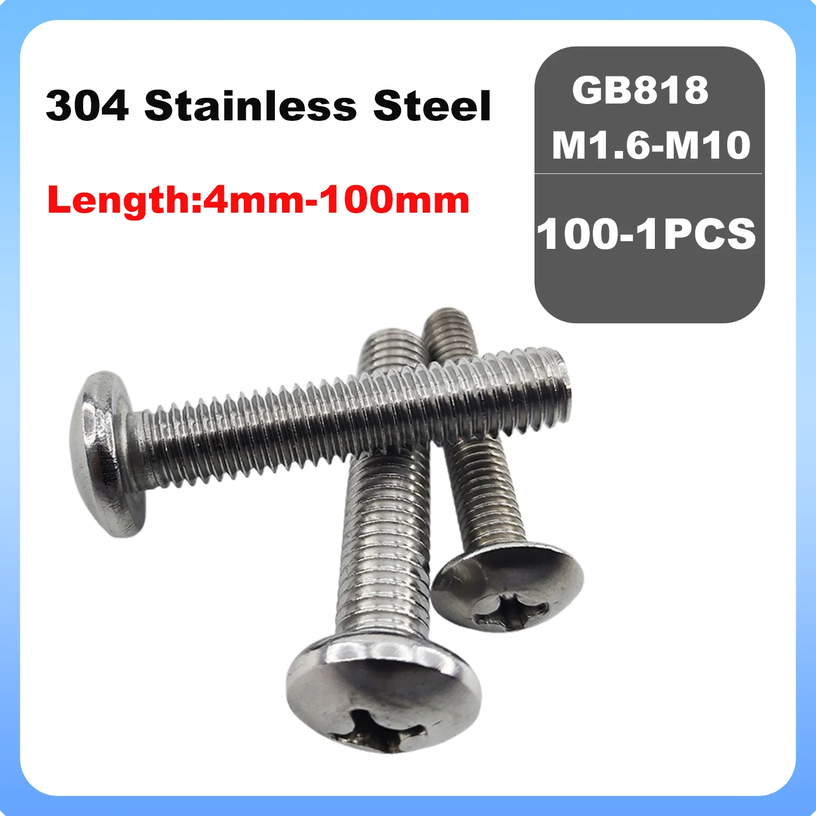 2/5/10/50Pcs M1.6 M2 M2.5 M3 M4 M5 M6 M8 M10 Mini Micro Small GB818 304 Stainless Steel Cross Phillips Pan Head Screw Round Bolt