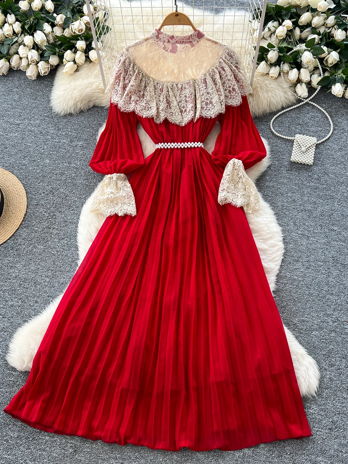 Vestido E com Mangas Lanternas para Mulheres, Vestido Longo de Verão em Renda com Design de Barra em Camadas, Cintura ...