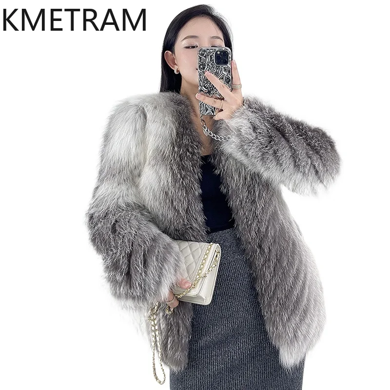 Damski płaszcz z naturalnego futra lisa wysokiej jakości 2025, dekolt w serek, prawdziwa kurtka futrzana, modna nowość w odzieży wierzchniej, zimowa odzież damska, шуба женская