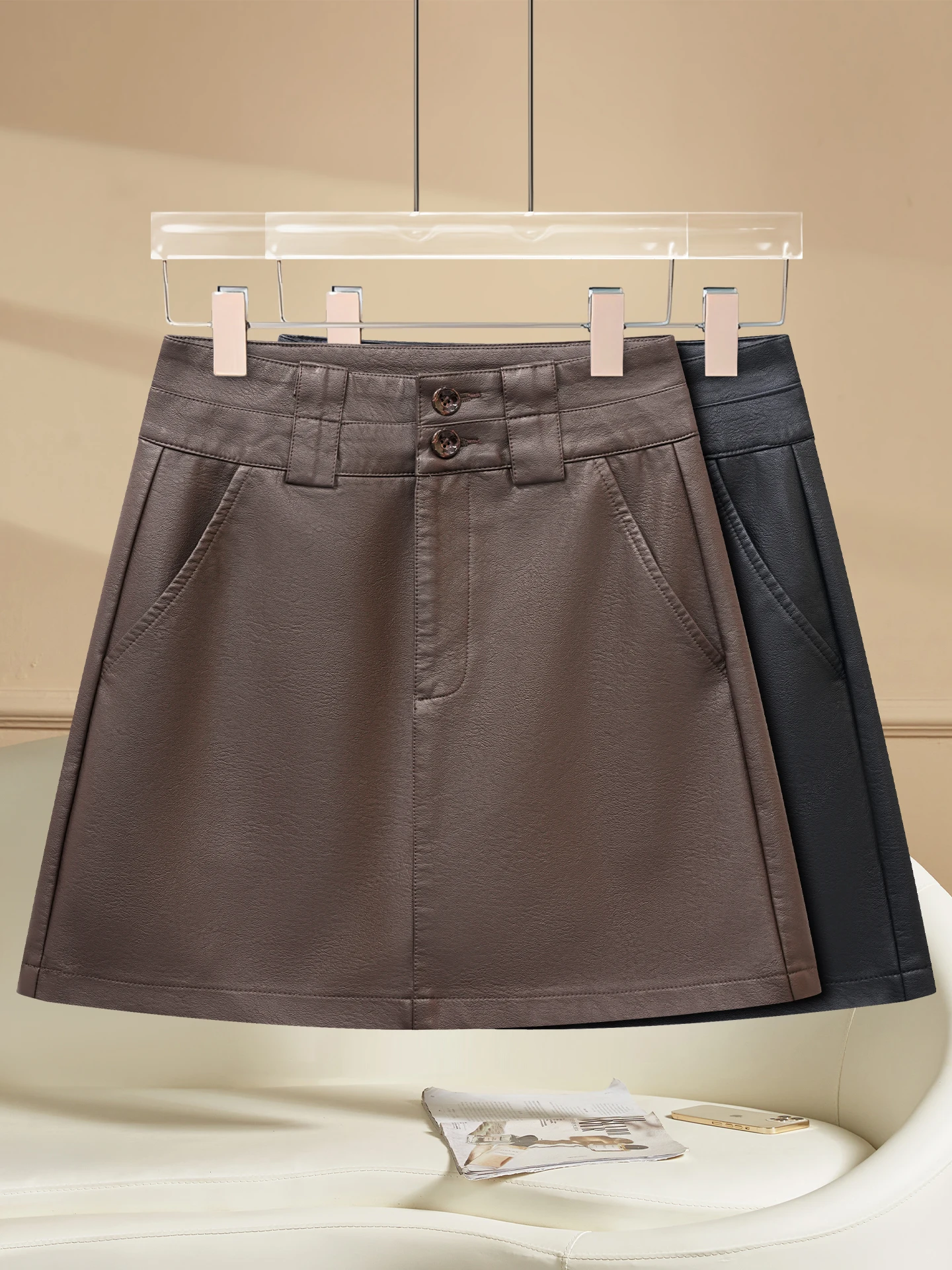 

High Waist PU Leather Skirt Women's Spring Autumn Winter A-Line Skirt Slimming Elegant One Step Wrap around Skirt