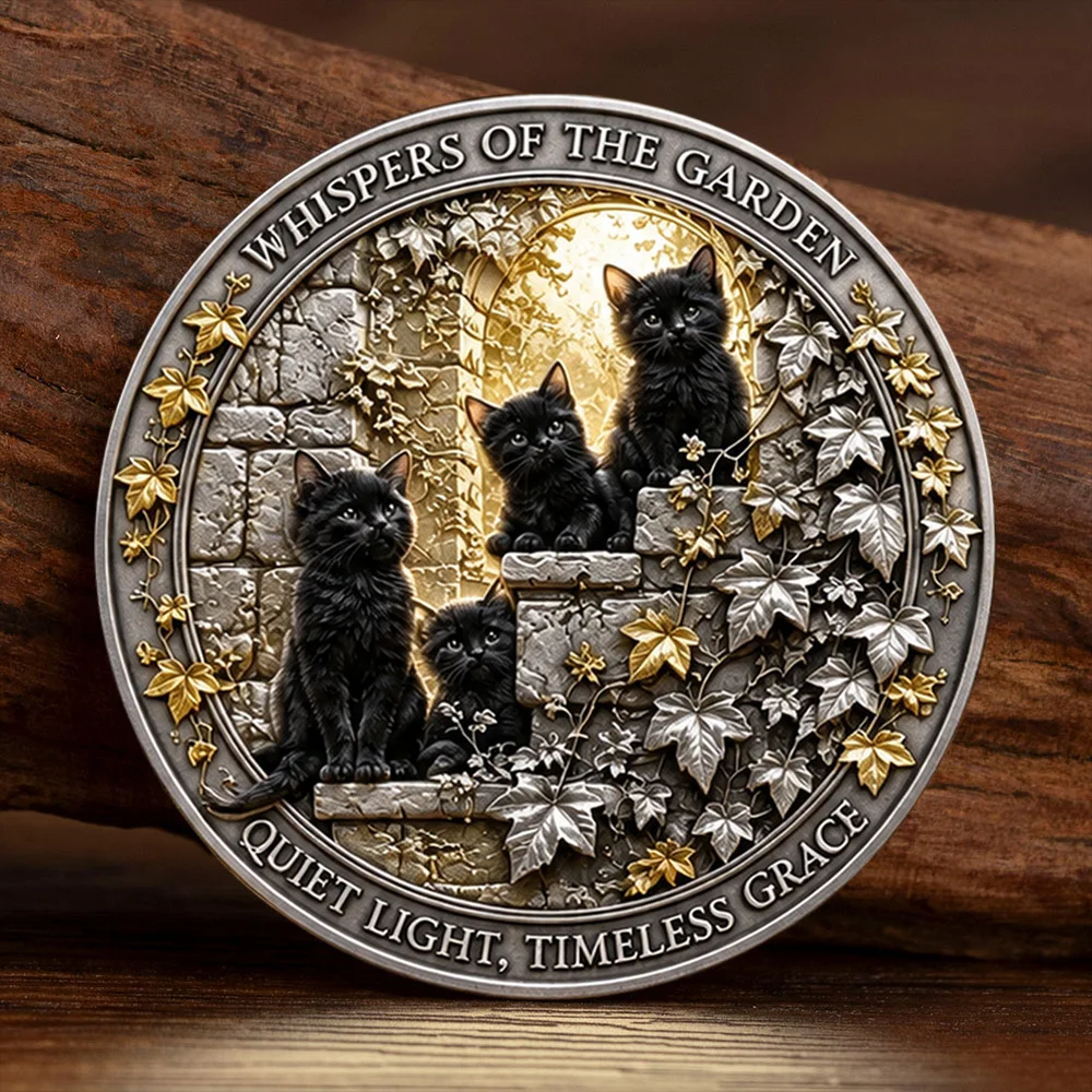 Vintage Black Cat Moon Garden Challenge Coin Gothic Witchy Silver Plated Commemorative Coin Lucky Gift