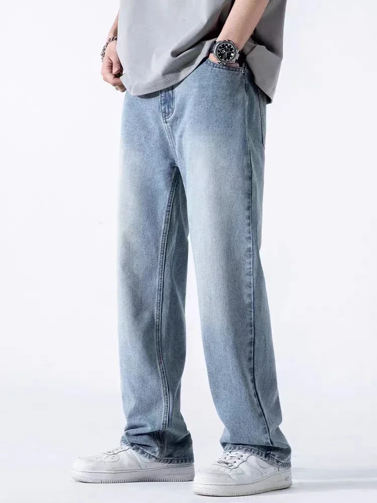 

2025 Spring Autumn Men's Jeans Straight Denim Pants Banding Waist Cotton Streetwear Wide Leg Loose Casual Blue Long Jeans Trouse