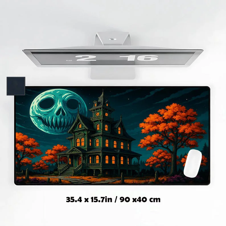 

Haunted House Themed Desk Mat,a Cute Yet Slightly Scary Mousepad,Halloween Moon Horror,suitable for Gaming and Office Decoration