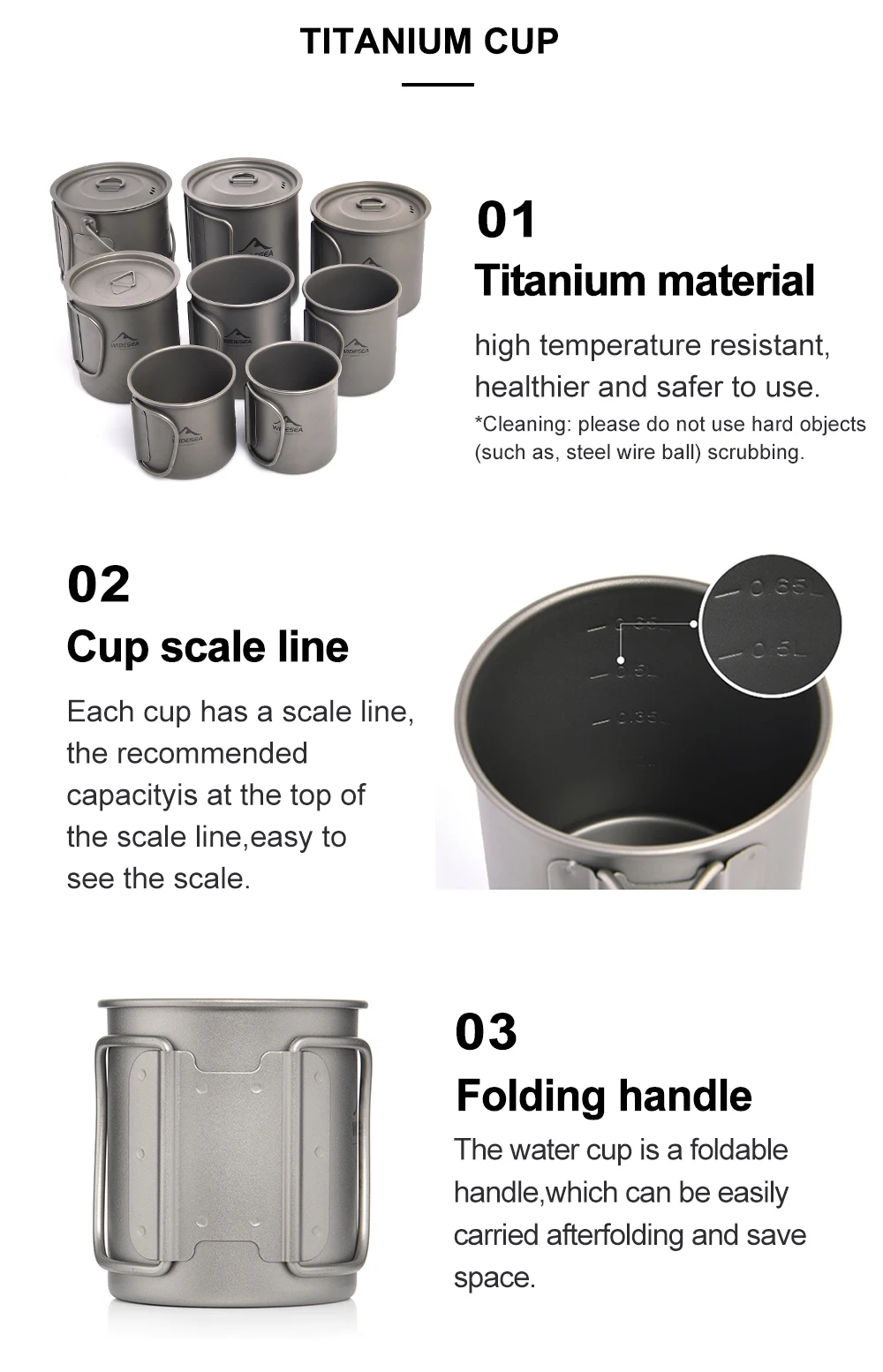 Widesea Ultraleichter Campingbecher aus reinem Titan mit klappbarem Griff, tragbarer Outdoor-Becher mit mehreren Kapazitäten für Wandern und Rucksackreisen – Detail 6