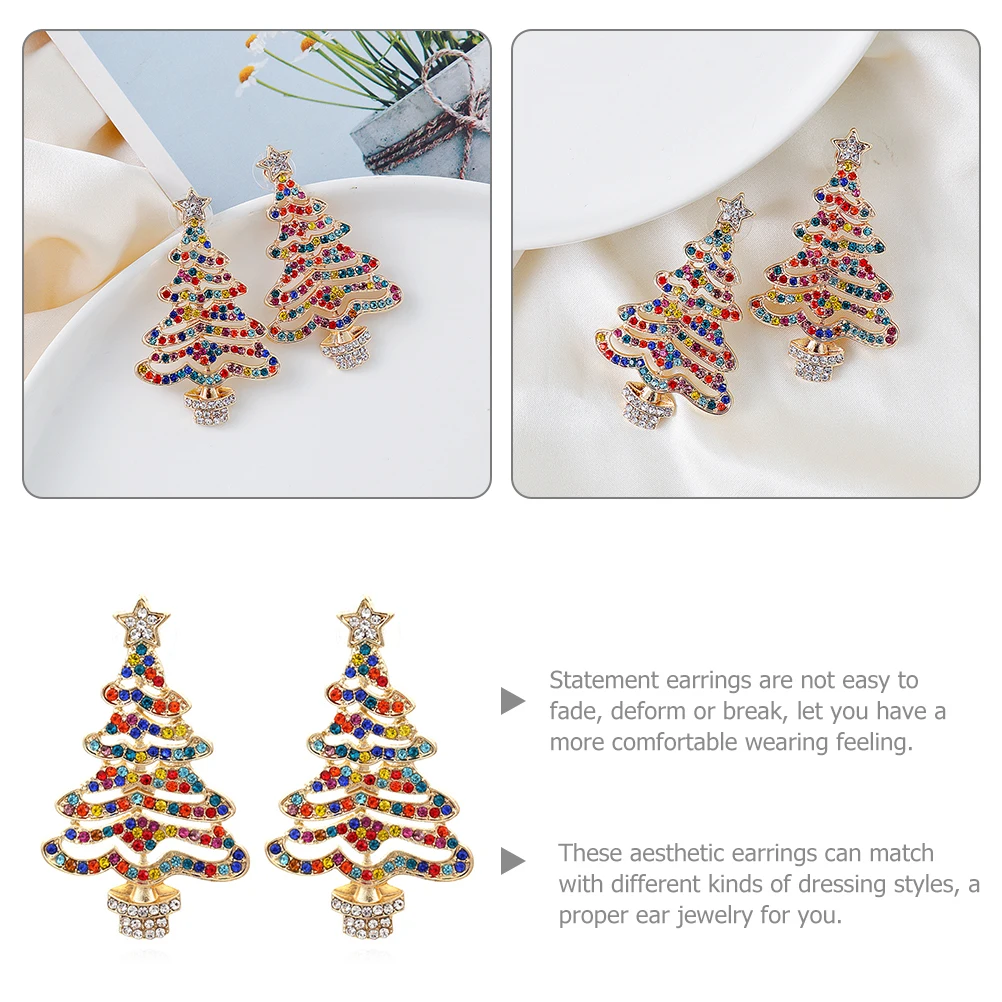 

2pcs Diamond Inlaid Christmas Tree Earrings for Women Holiday Studs Metal Dangle Lightweight Fashion Jewelry Gifts