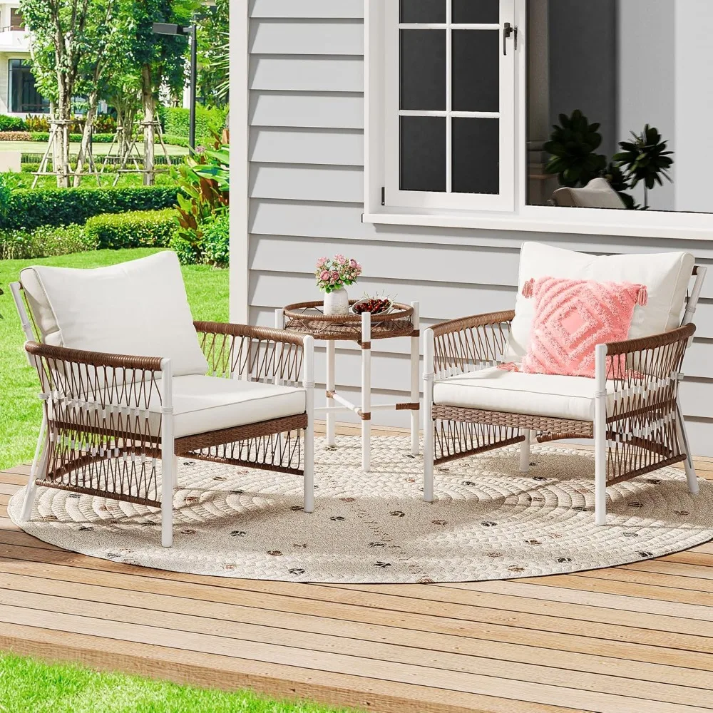 3-Piece Outdoor Patio Furniture Wicker Bistro Set, All-Weather Rattan Conversation Chairs for Backyard, Balcony