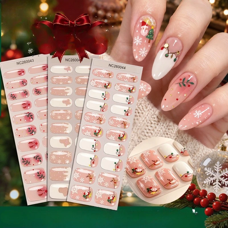 20Tips Christmas Semi Cured Nail Art Sticker Cartoon Snowflakes/Snowman Decals Waterproof Nail Wraps DIY Manicure