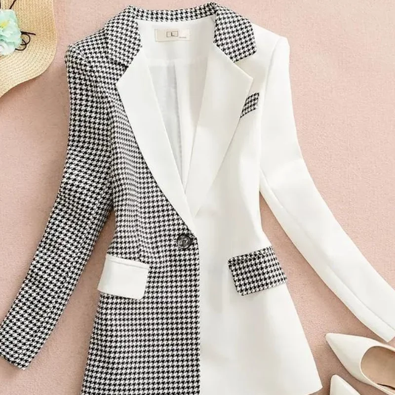 Black White Plaid Casual Women\'s Blazer Suits Tailoring Jacket for Women Latest Fashion Blazers Clothing Coat Korean Long Trend