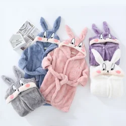 Fall Winter Kids Hooded Bathrobe Baby Bath Robes Boys Girls Cute Cartoon Rabbit Flannel Pajamas Toddler Long Sleeve Towel Robe