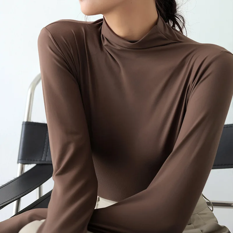 Women Mock Neck Pullover Tops Spring Soft Casual Solid Thin Women Long Sleeve Pullovers Female Slim Inner Tops