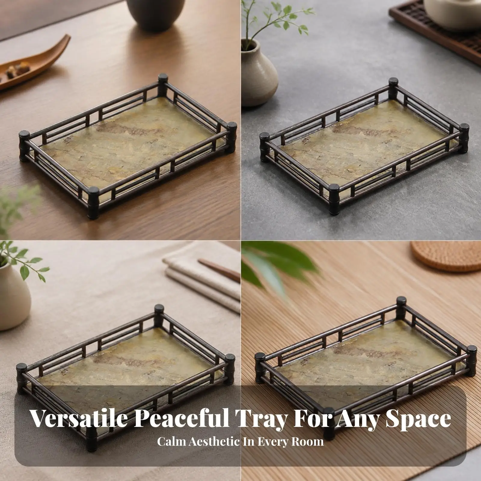 Stone Textured Bamboo Tray for Tea Service and Decorative Table Center Accent Piece