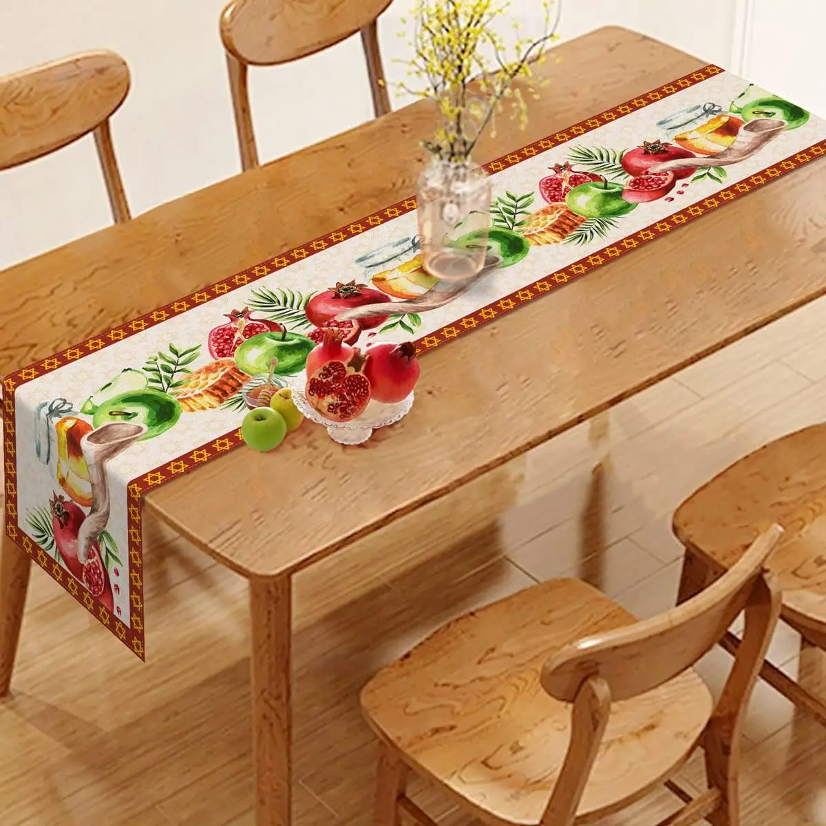 Rosh Hashanah Honey Sheep Horn Pomegranate Linen Table Runner Home Decor Shana Tova Hexagram Table Runners Jewish New Year Decor