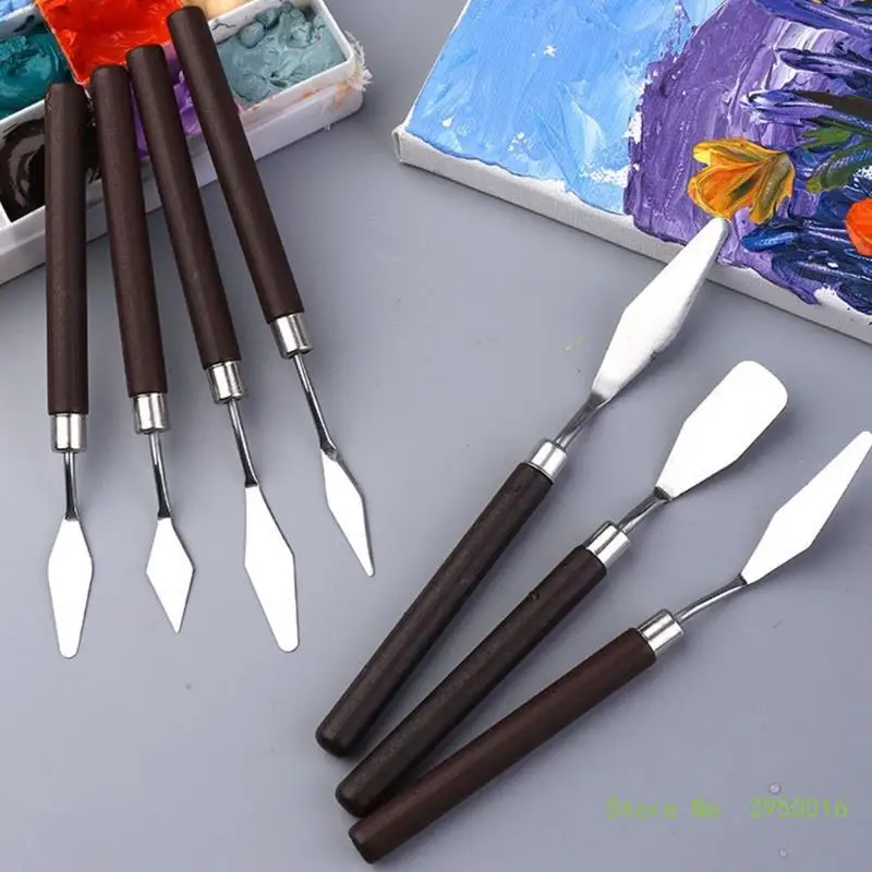 7 Pieces a Set of Oil Painting Scraper Set, Stainless Steel Pick Knife Mahogany Handle, Suitable for Oil Painting Gouache