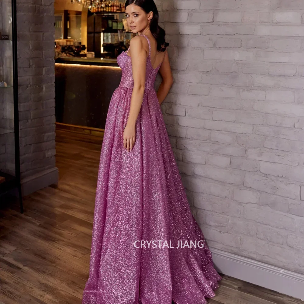 Classy Long Glitter Spaghetti Straps Sequin Evening Dresses Sleeveless A Line Floor Length فساتين سهرةParty Gowns