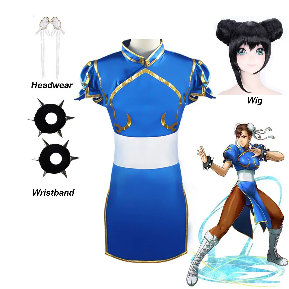 

Chunli women's clothing and girls' cosplay costumes, Halloween party costumes, Sutorito, Faita, blue cheongsam dress, belt, wig