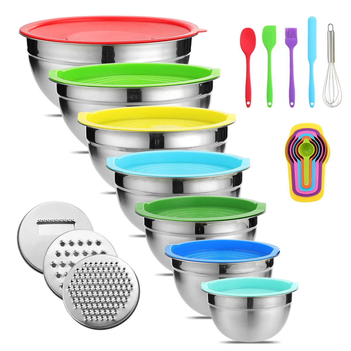 

21pcs Stainless Steel Nesting Mixing Bowls Set | Non-Slip Silicone Bottom, Colorful, Durable, Easy To Store | Perfect For Mixing